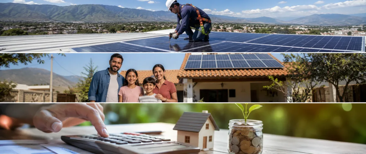 Energía solar en Jujuy: 9 errores poderosos que debes evitar y consultar hoy 1 Energía solar en Jujuy. 9 errores poderosos que debes evitar y consultar hoy 1 Las imagenes muestran: Instalador colocando paneles solares en el techo de una vivienda con las montañas de Jujuy al fondo durante un día soleado. Imagen secundaria 1: Familia jujeña sonriendo frente a su casa equipada con paneles solares, reflejando ahorro y autonomía energética. Imagen secundaria 2: Primer plano de una calculadora, una maqueta de vivienda y un frasco con monedas simbolizando el ahorro económico gracias a la energía solar.