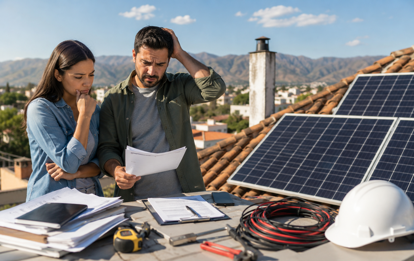 Energía solar en Jujuy. 9 errores poderosos que debes evitar y consultar hoy 2 Pareja revisando presupuestos y documentación junto a paneles solares en un techo, representando los errores y dudas al momento de invertir en energía solar.