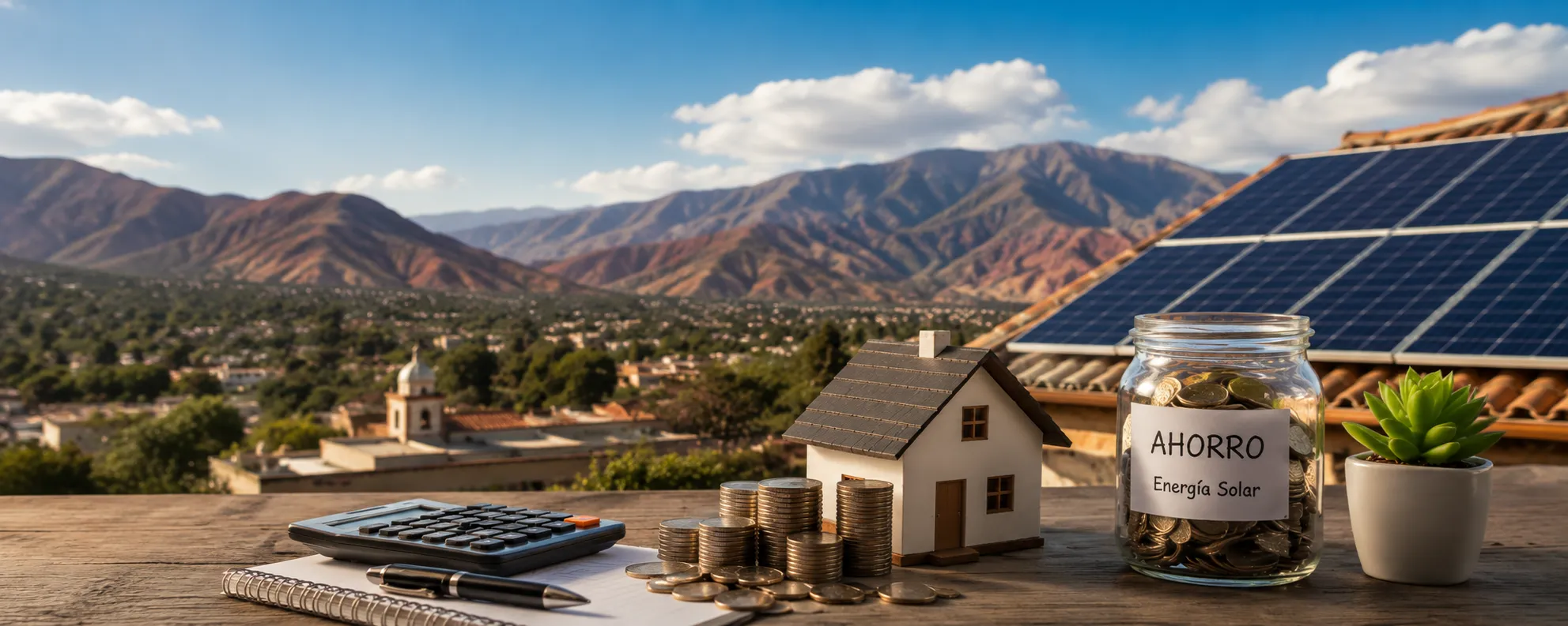 Energía solar en Jujuy. 9 errores poderosos que debes evitar y consultar hoy 3 Energía solar en Jujuy. 9 errores poderosos que debes evitar y consultar hoy 3 Calculadora, monedas, maqueta de una vivienda y un frasco de ahorros junto a un panel solar, representando el ahorro económico y la rentabilidad de invertir en energía solar